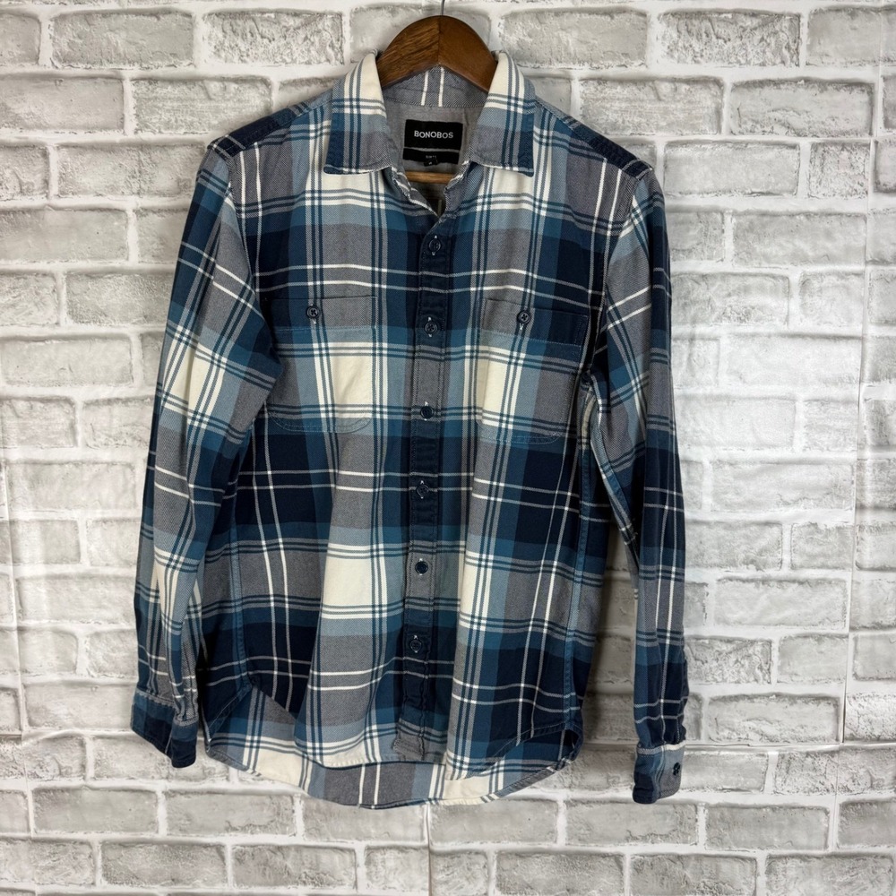Bonobos Slim Fit Blue Plaid Flannel Shirt Mens Medium Long Sleeve All Cotton